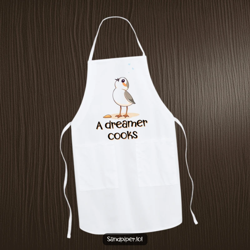 Funny Sandpiper Apron: A chef’s apron adorned with a bird looking up in hilarious, curious wonder, ideal for cooking.
