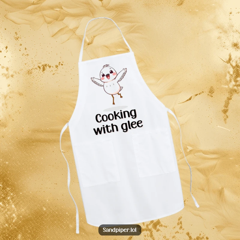Funny Apron: A sandpiper character doing a joyful hop in the air, designed for kitchen fun with a cheerful vibe.