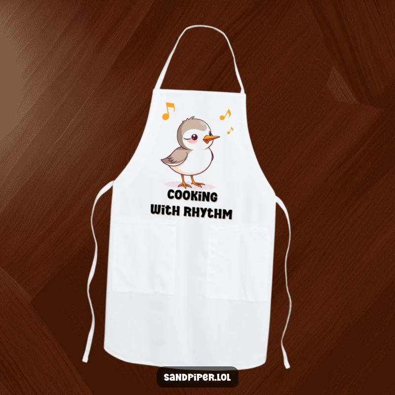 Funny apron displaying a sandpiper character whose cheerful chirp is represented by musical notes, perfect for a joyful cook.