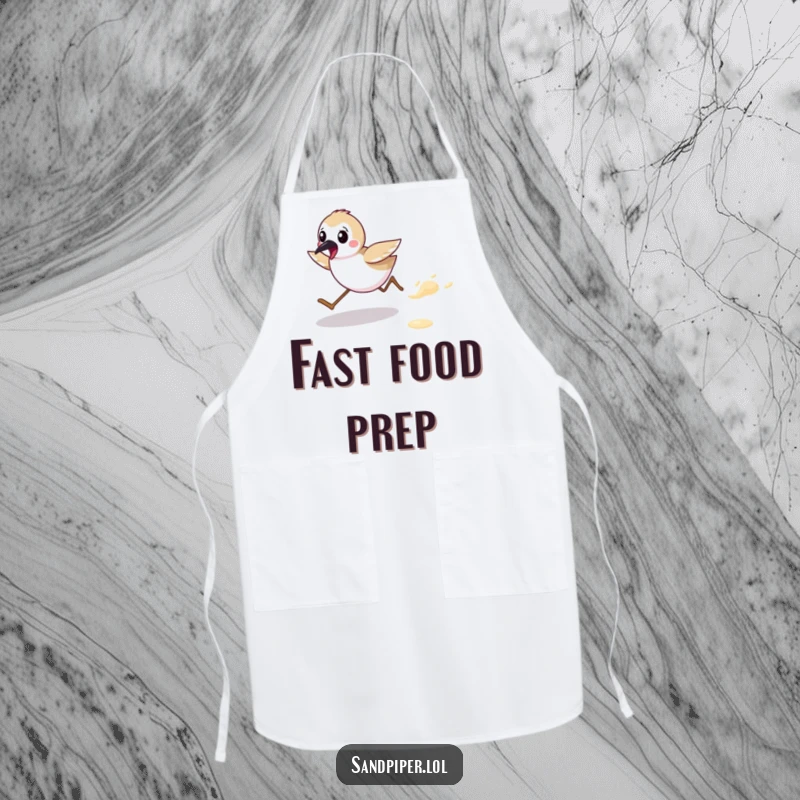Funny apron featuring a cute sandpiper character energetically running on a beach, a humorous kitchen essential. A practical funny gift.