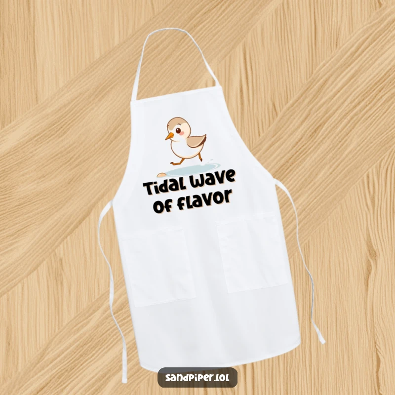 Funny apron showing a cute sandpiper happily running along a tiny shore, bringing playful beach vibes to the kitchen.