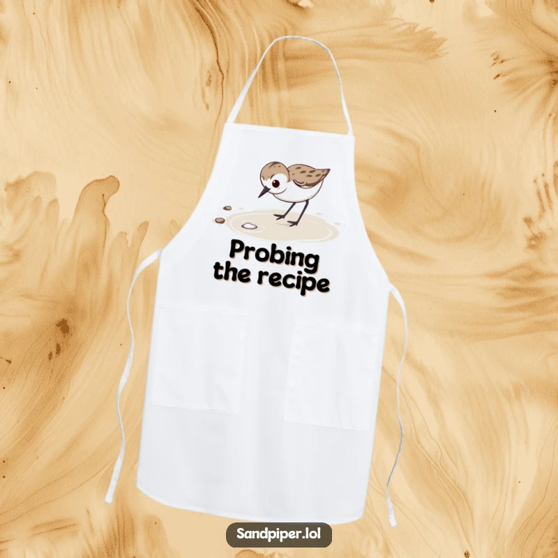 Funny Apron: Determined sandpiper with focused expression vigorously probes wet sand, ideal for kitchen tasks.