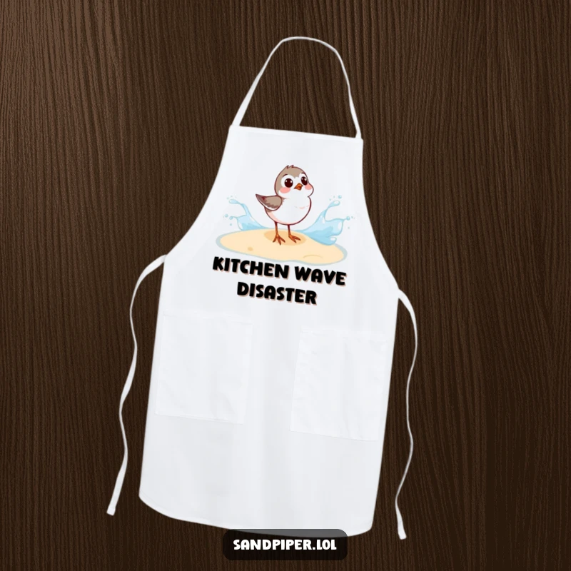 Funny Sandpiper Apron: A sandpiper surprised by a wave splash adds humor to this cooking apron.