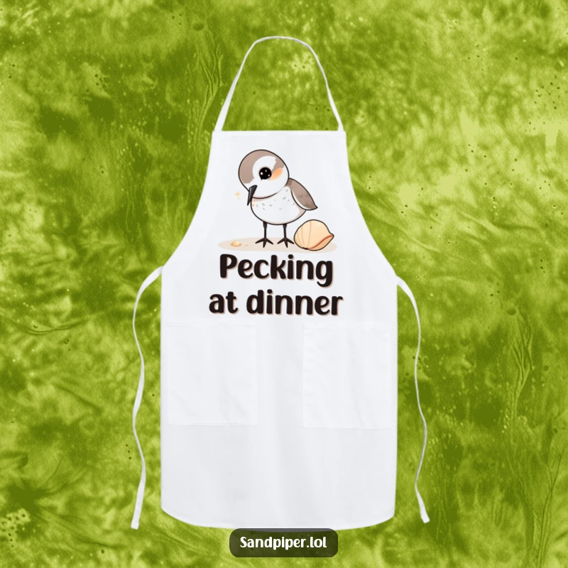 Funny Sandpiper Apron: A cute bird curiously pecks at a shell, a humorous and practical accessory for the inquisitive cook.