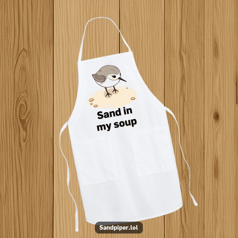 Funny sandpiper apron, beach bird cooking wear, happy digging action, humorous kitchen accessory, ideal gift for chefs.