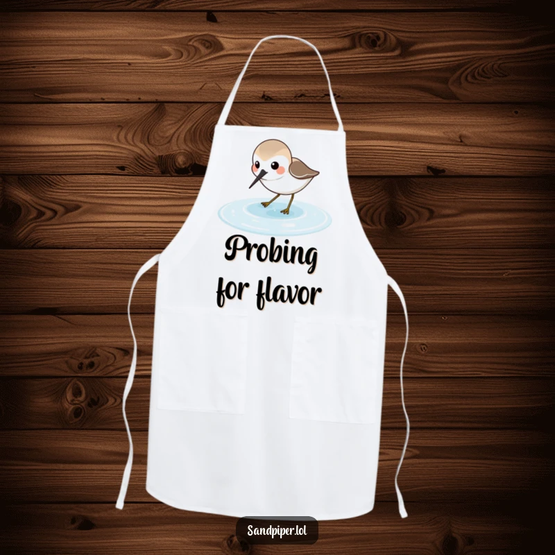 Funny Sandpiper Apron showing a joyful sandpiper character probing in shallow water, ideal for beach-themed kitchens.