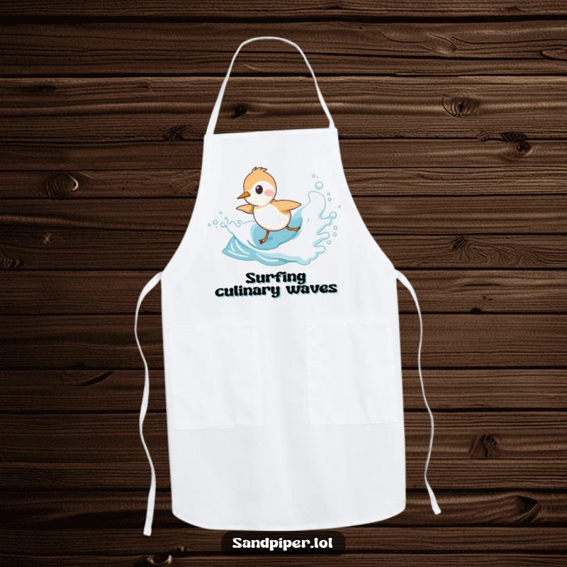 Funny Sandpiper Apron showing a cute bird character playfully chasing a frothy wave, ideal for beach-themed kitchens.