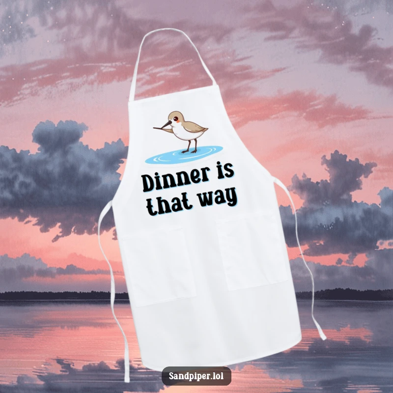 Funny Sandpiper Apron: A sandpiper points its beak towards the ocean, adding humor to this cooking apron.