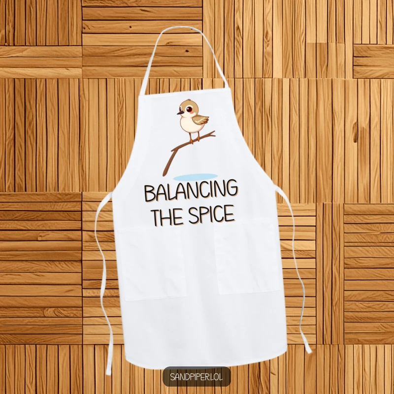 Funny sandpiper apron designed with a comical bird balancing on a twig, bringing humor to kitchen activities.