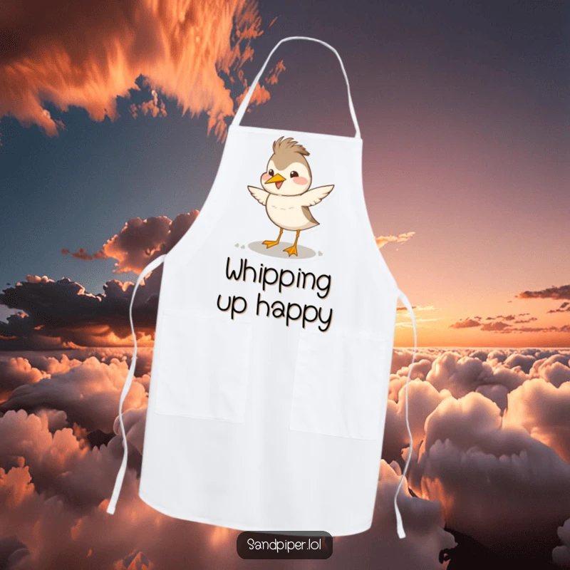 Funny sandpiper apron featuring a bird doing a happy, exaggerated head bob dance, perfect for kitchen fun.