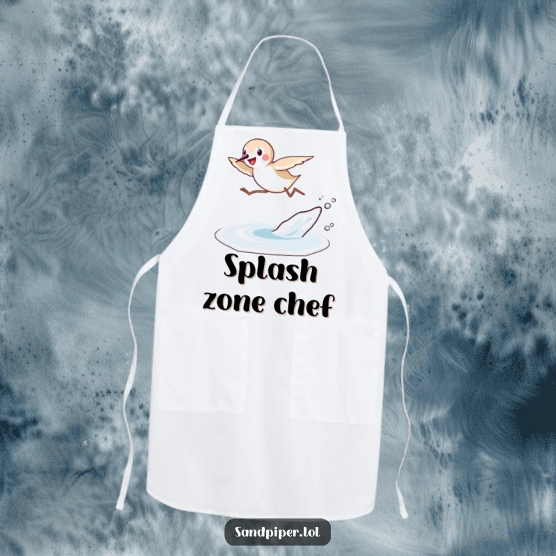 Funny Sandpiper Leap Apron: A sandpiper joyfully leaps over a small wave, adding funny beach energy to kitchen wear.