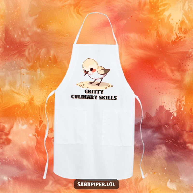 Funny Apron: A small sandpiper pecks at sand, a charming and humorous kitchen accessory.