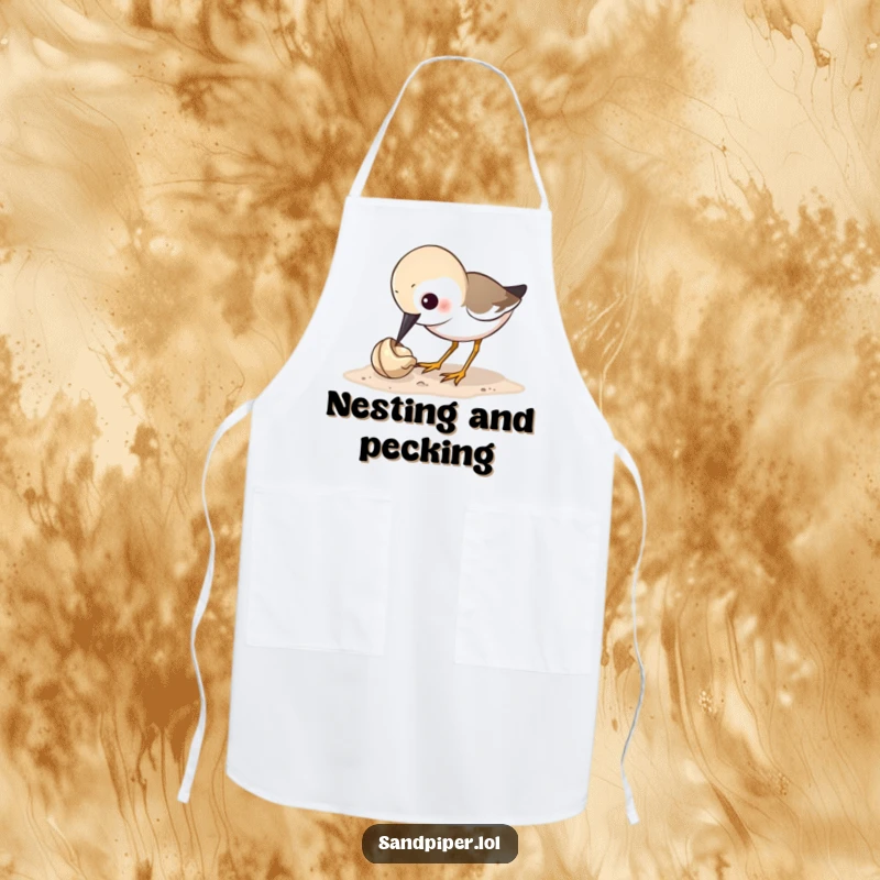 Funny sandpiper apron featuring a bird humorously pecking a tiny shell, ideal for kitchen fun and unique chef gifts.