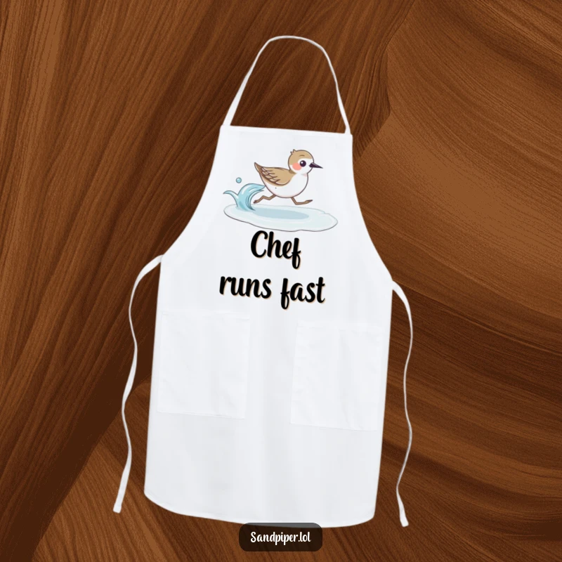 Functional apron adorned with a funny sandpiper bird running with speed beside a gentle wave, ideal for beach kitchens.