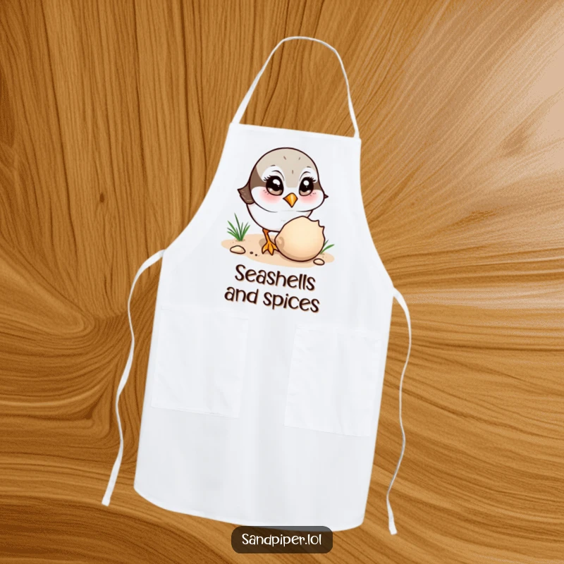 Funny Apron: A sandpiper curiously observes a shell, a charming and humorous kitchen accessory.