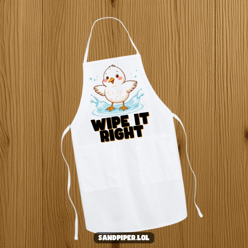 Funny Sandpiper Apron: A cheerful sandpiper splashes water from its feathers while cooking, a fun kitchen accessory.
