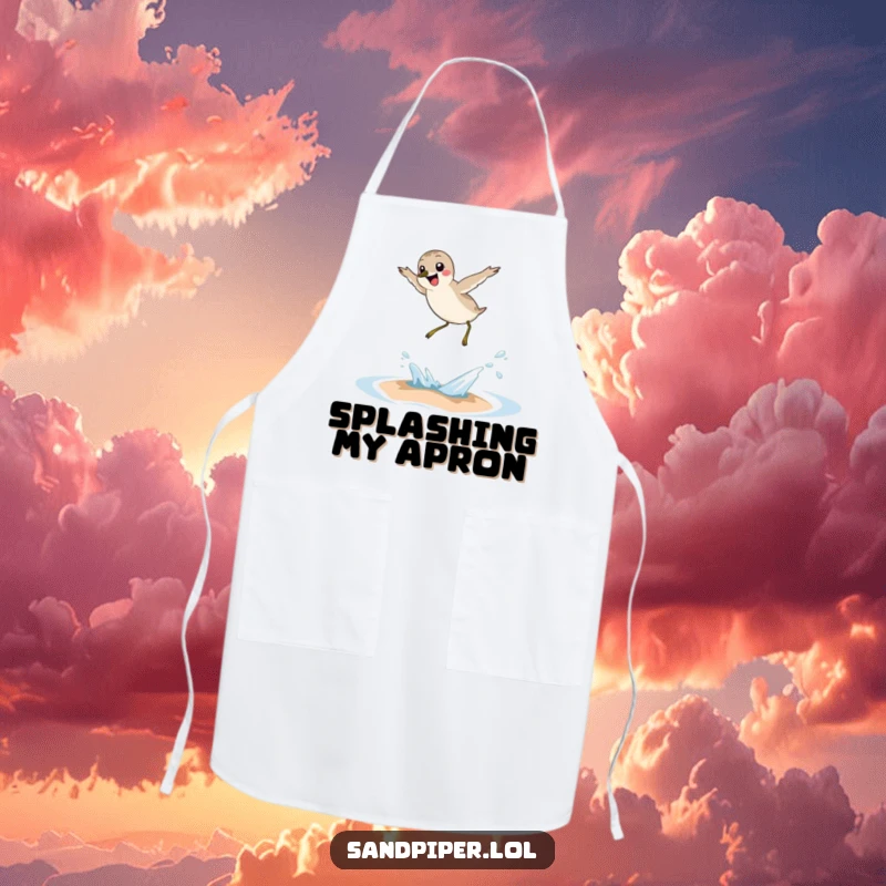 Funny sandpiper apron, joyful bird leaping over small wave, humorous kitchen accessory, ideal gift for chefs.