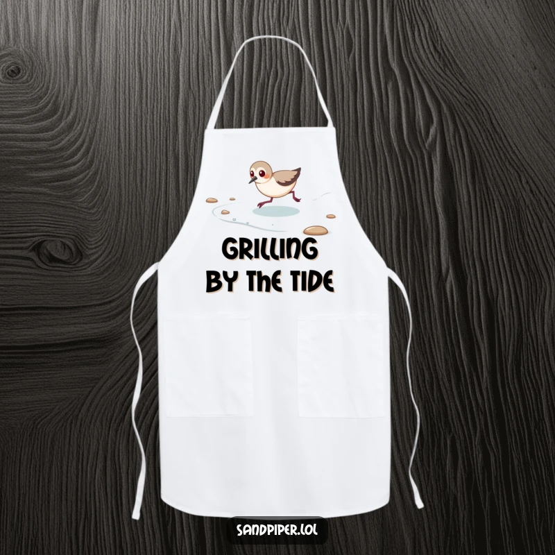 Funny apron illustrating a sandpiper playfully chasing the ocean tide.