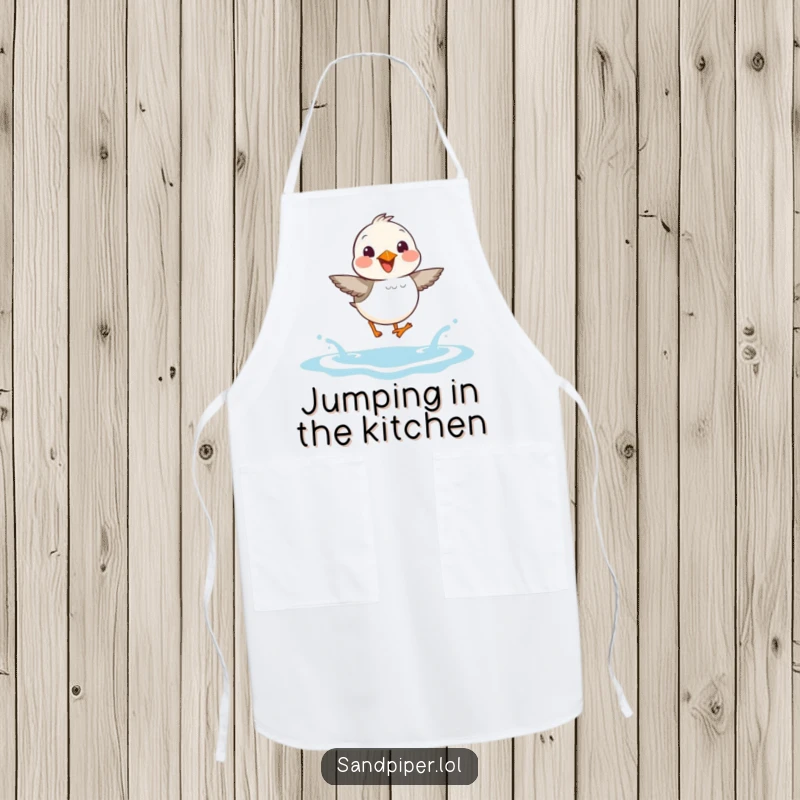 Funny Sandpiper Apron: A sandpiper joyfully hops over waves, a humorous and practical accessory for the happy cook.