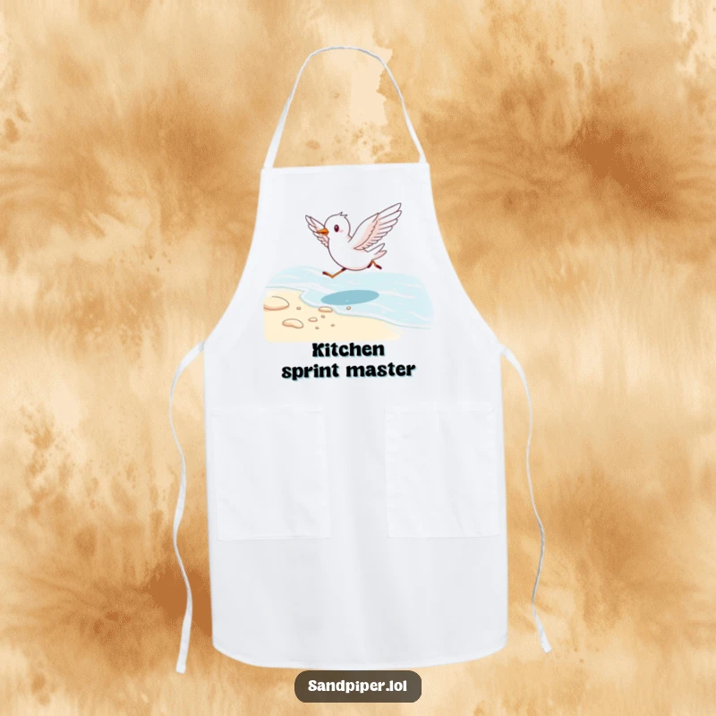 Funny apron depicting an energetic bird running along a shoreline with wings outstretched, perfect for beach-themed cooking.