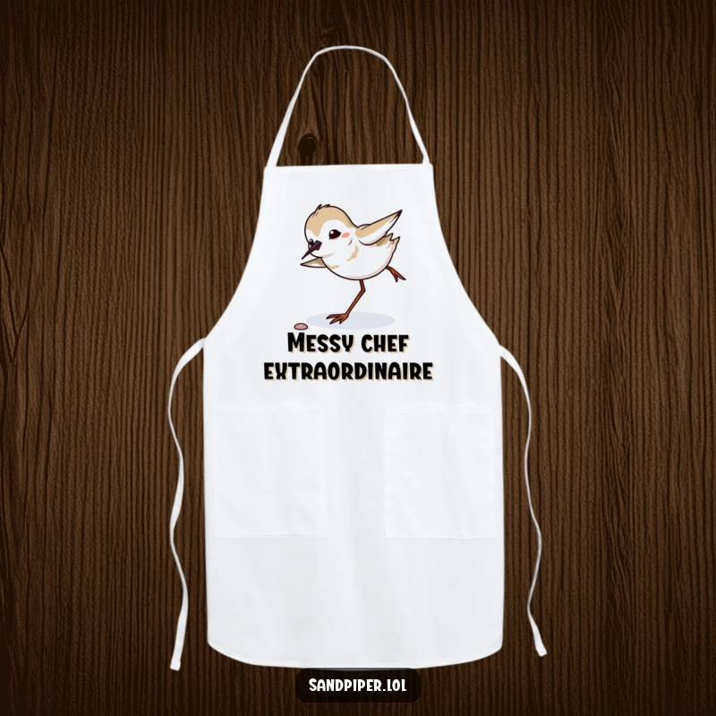 Funny sandpiper comically tripping and balancing, wearing a chef apron, humorous kitchen accessory.