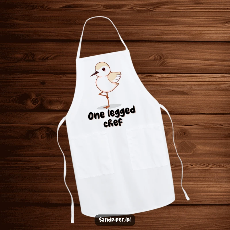 Funny Sandpiper Apron: A sandpiper stands on one leg, wings tucked, a humorous and stylish accessory for the balanced cook.