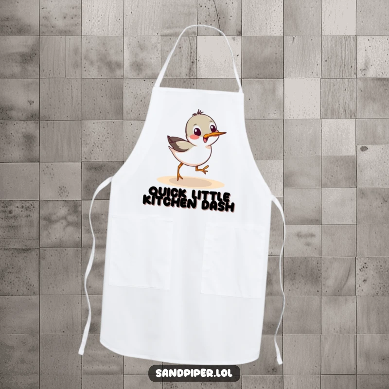 Funny Apron: A sandpiper bird performing a sideways scurry, bringing playful energy to kitchen tasks.