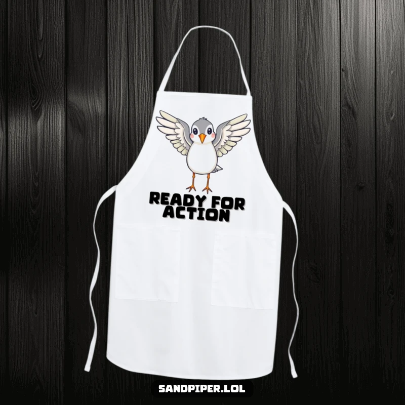 Funny apron for cooks featuring a sandpiper with wings spread, appearing ready to fly, adding humor to meal preparation.