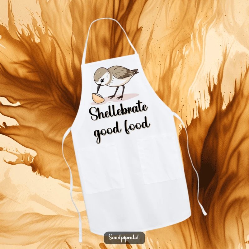Funny sandpiper apron featuring a curious bird pecking at a shell, adding a touch of playful inquisitiveness to kitchen attire.