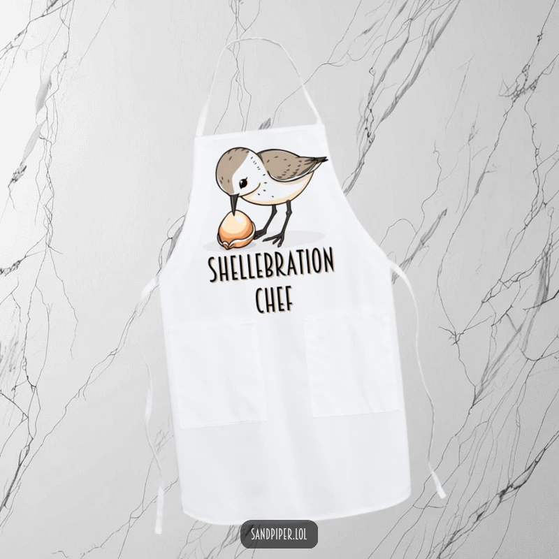 Funny sandpiper bird apron, curiously pecking at a shiny dropped shell, kitchenware, great funny gift.