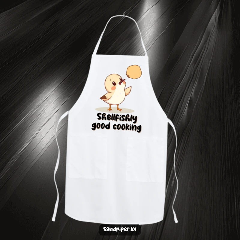 Funny Apron: A sandpiper looks astonished at a seashell floating directly in front of it, adding fun to cooking.