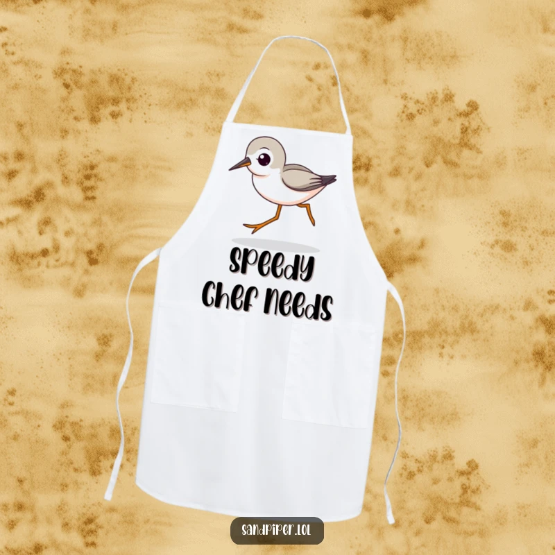 Funny apron showcasing a cute sandpiper character with characteristic legs striding quickly, ideal for kitchen adventures.