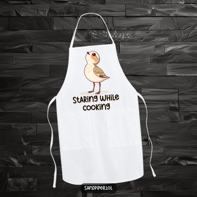Funny apron illustrating a sandpiper looking up at the sky with wonder.