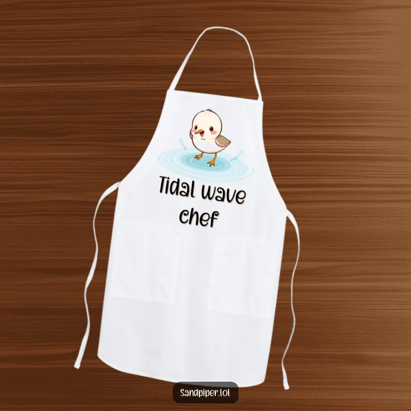 Funny sandpiper apron featuring a cute bird character joyfully splashing in water, a whimsical addition to any chef's attire.
