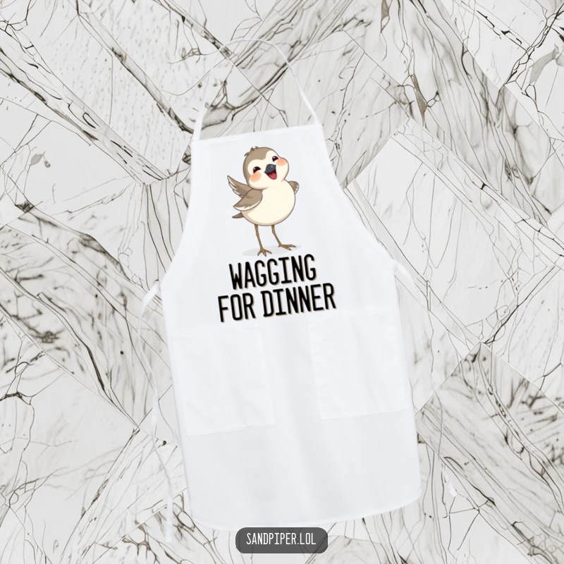 Funny sandpiper apron designed with a bird joyfully wagging its tail feathers, adding cheer to kitchen activities.