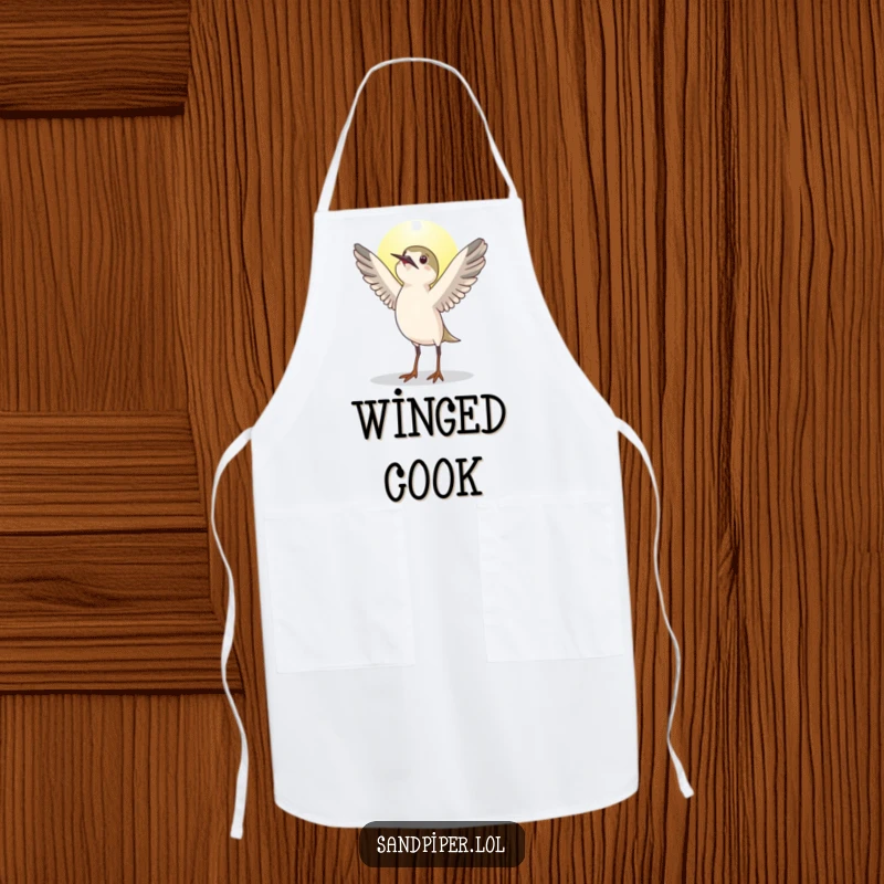 Funny sandpiper bird apron, stretching wings upwards greeting the sun, kitchenware, great funny gift.