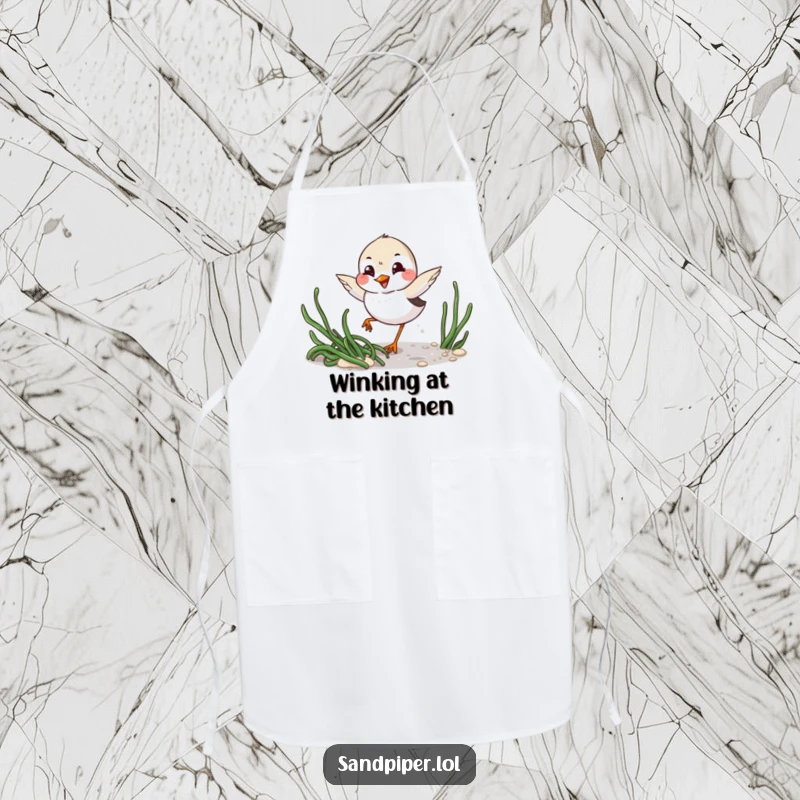 Funny Apron: Playful sandpiper with mischievous grin winks while darting around seaweed, ideal for kitchen fun.