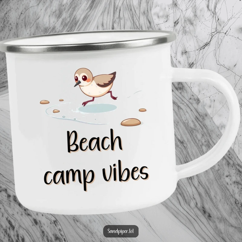 Funny camping mug showing a sandpiper playfully chasing the retreating tide, for outdoor use.