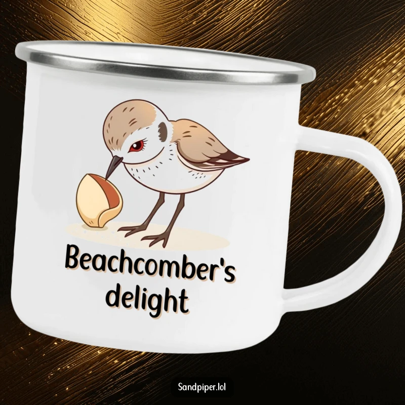 Funny camping mug with a sandpiper curiously looking down at a seashell, ideal for beach lovers. A rugged funny gift.