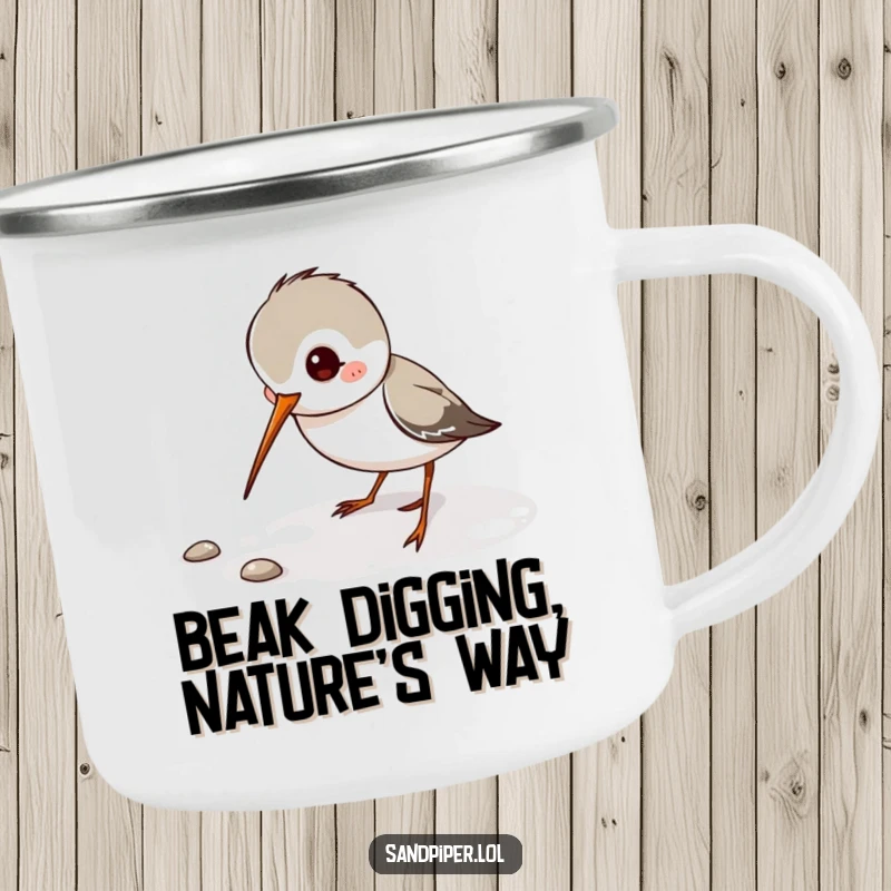 Funny Sandpiper Camping Mug with a playful sandpiper character digging its thin beak, perfect for outdoor exploration.