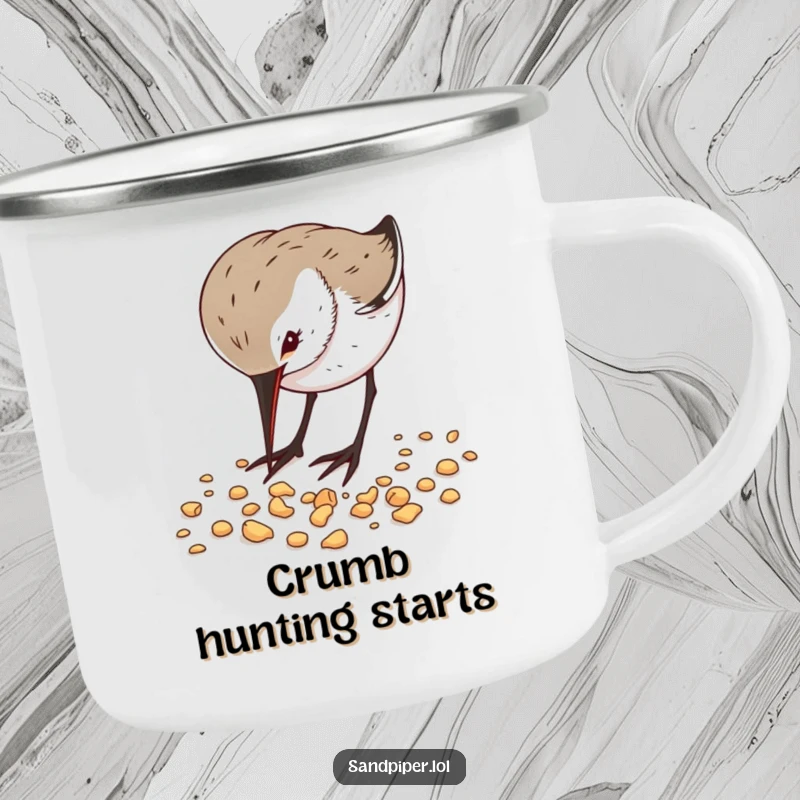 Funny Camping Mug featuring a sandpiper enthusiastically pecking crumbs, a durable and humorous companion for outdoor excursions.