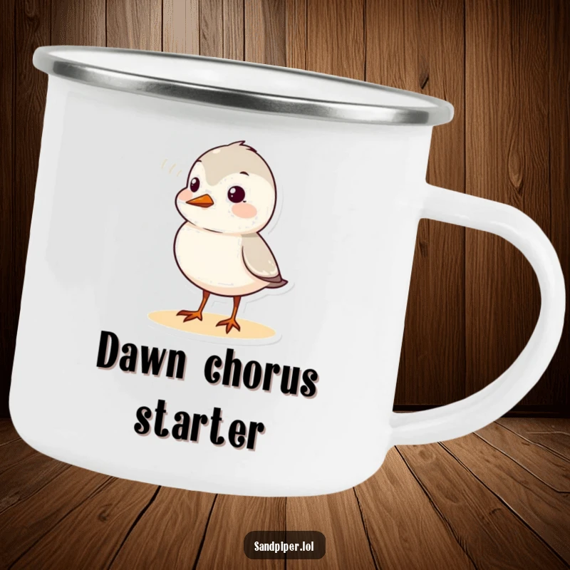 Funny sandpiper camping mug with a cute bird character chirping, complete with a visible sound wave, for the adventurous soul.