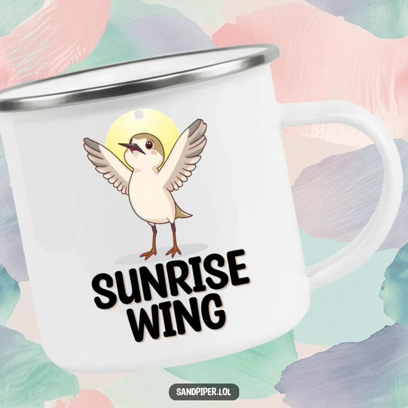 Funny sandpiper bird camping mug, stretching wings upwards greeting the sun, rugged, outdoor funny gift.