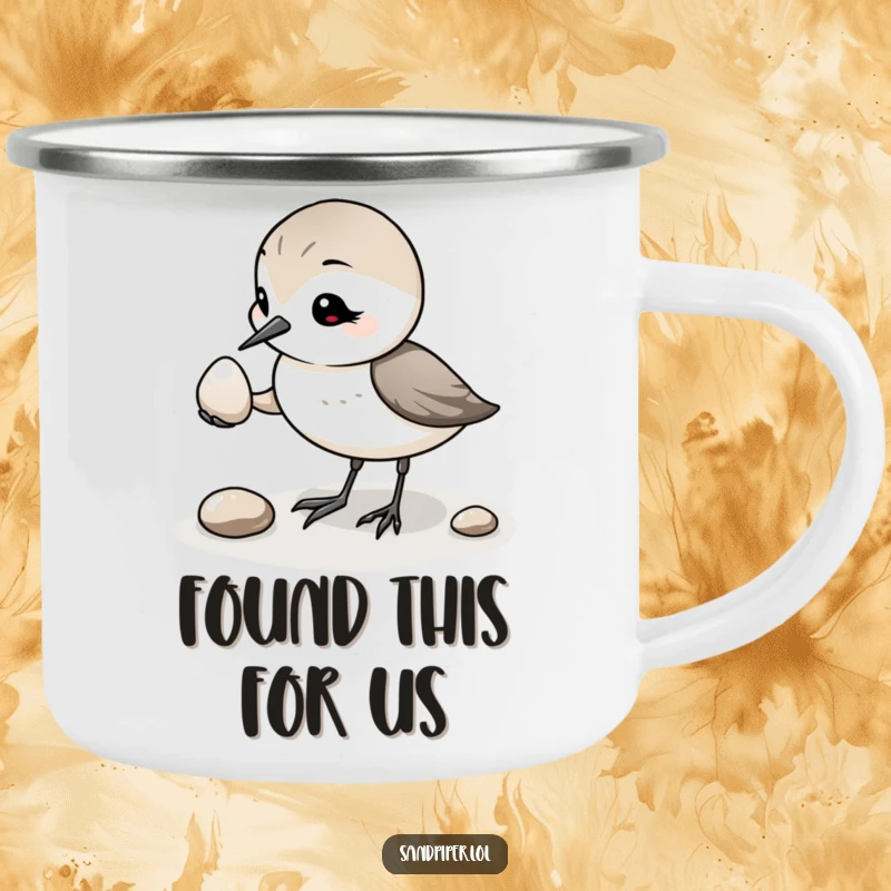 Funny Sandpiper Pebble Camping Mug: A sturdy mug with a sandpiper humorously offering a pebble, a great funny gift.