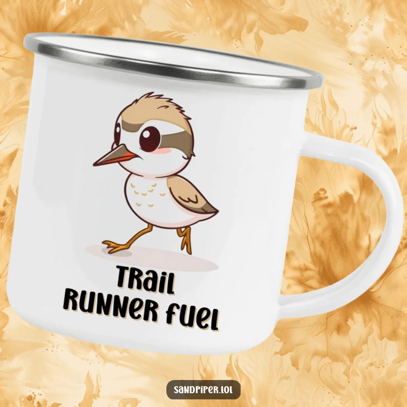 Funny Camping Mug: An alert sandpiper character poised to sprint, symbolizing speed and preparedness for outdoor activities.