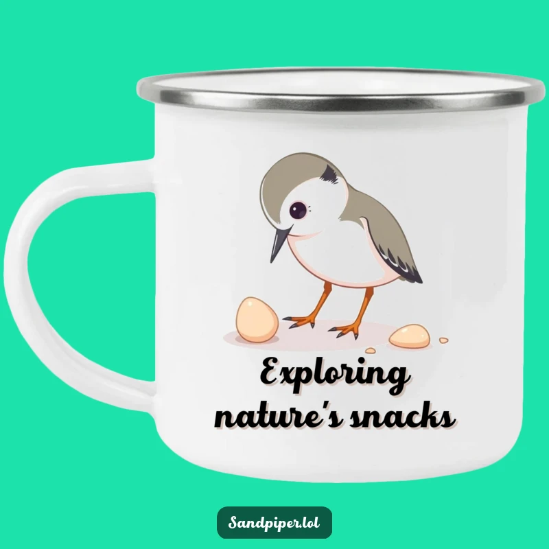 Funny Bird Camping Mug: Sandpiper Pecking Shell - Explorer's Delight Gift