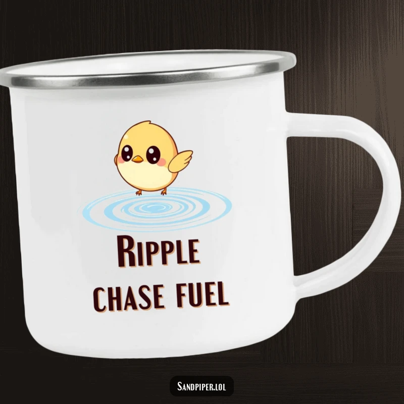 Funny camping mug featuring a small bird with wide eyes joyfully chasing a bouncing water ripple, ideal for outdoor enthusiasts.