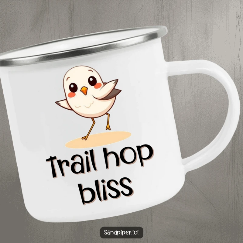 Funny camping mug with a sandpiper bird doing a joyful hop, perfect for outdoor drinks with a touch of beachy fun.