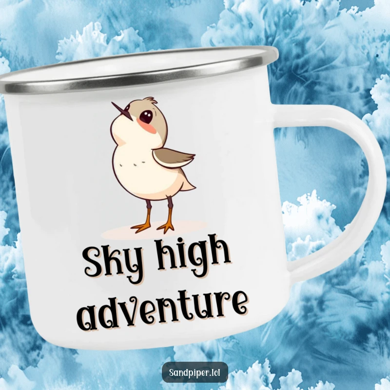 Funny camping mug with a sandpiper bird looking up at the sky, perfect for outdoor drinks with a sense of peace and wonder.