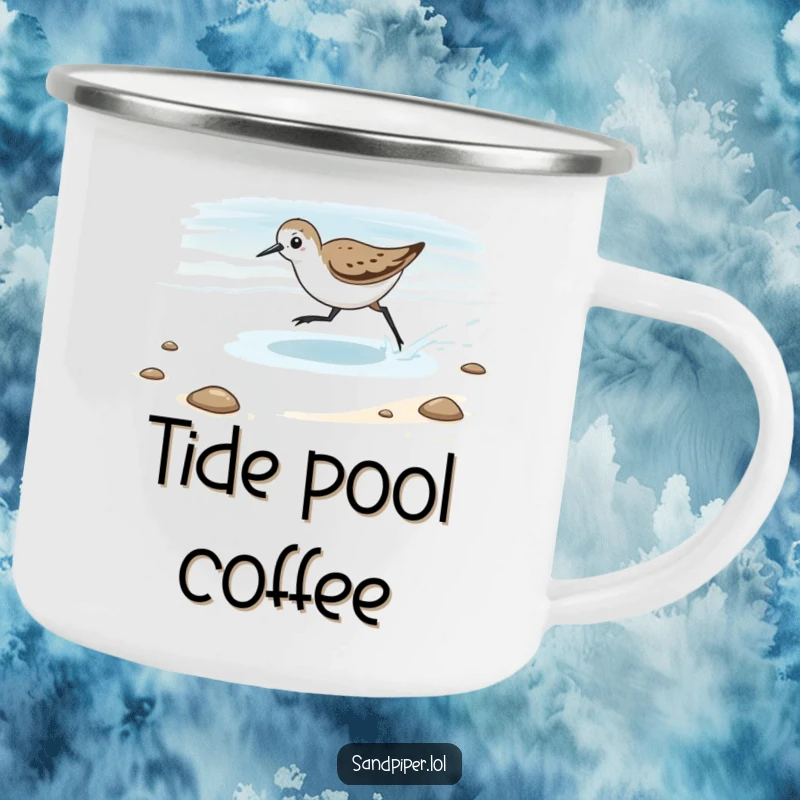 Funny Camping Mug featuring a sandpiper playfully chasing the tide, a durable and humorous companion for outdoor excursions.